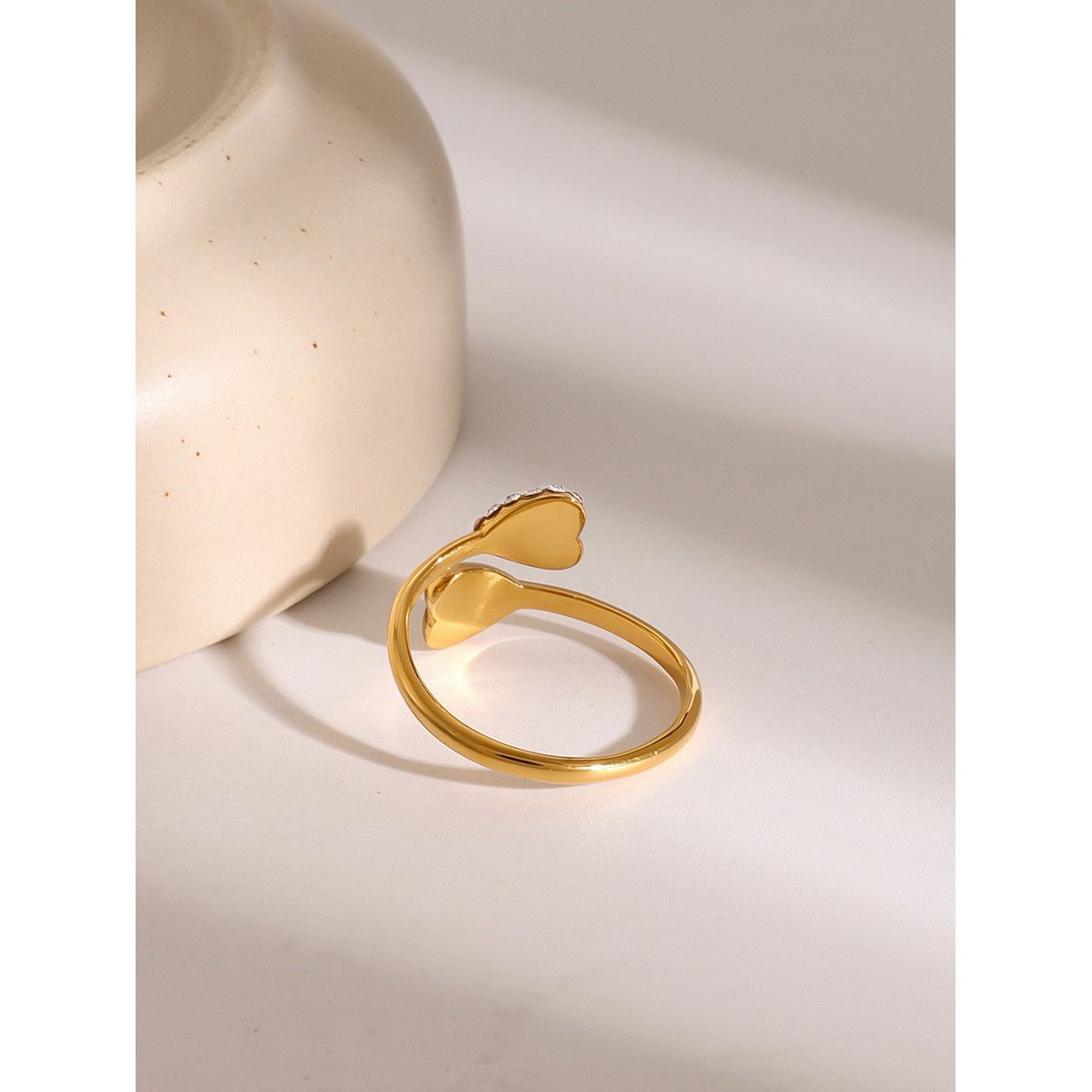 Minimalist 18K Gold Plated Heart Stainless Steel Ring with Rhinestone Open Design for Women