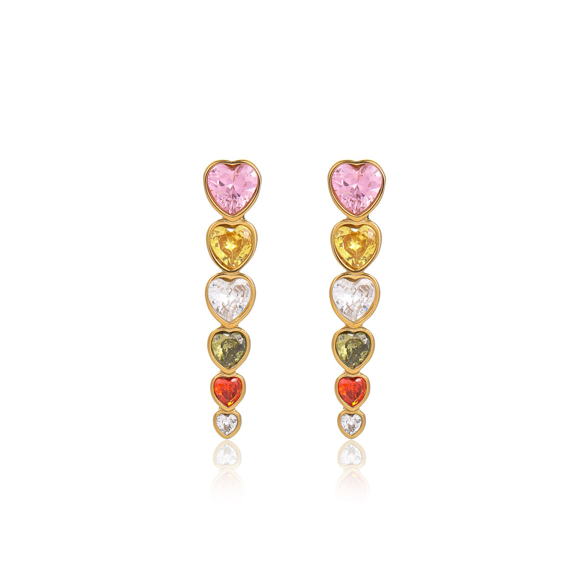 Orecchini a perno a forma di cuore in acciaio inossidabile, dal design minimalista e alla moda, con dettagli in zircone colorato e finitura in titanio.