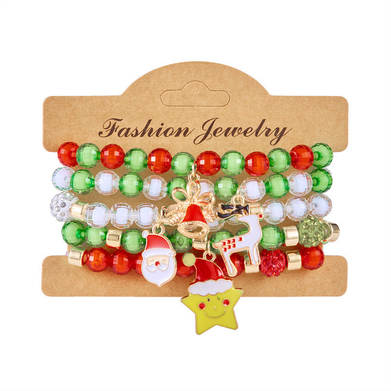 Pulsera minimalista con temática navideña con diseño de Papá Noel, bastón, muñeco de nieve, cuentas con letras y dije de aleación