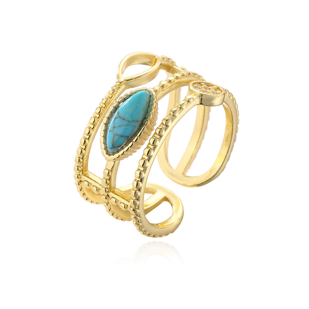 Minimalist Geometric Open Ring for Women in Brass with 18K Gold Plating and Turquoise Inlay