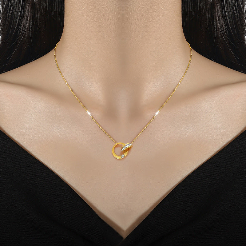 Minimalist Geometric Rhinestone Titanium Steel Collar Chain Necklace Floral Pendant