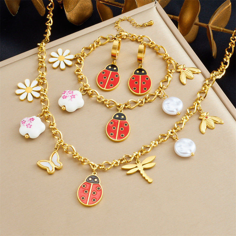 Sweet Cartoon Stainless Steel Drip Oil Insect Dragonfly Ladybug Jewelry Set with Cable Chain