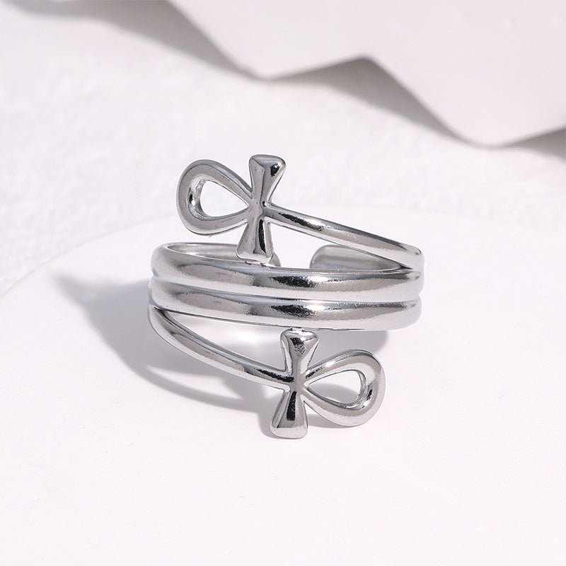 Anello aperto minimalista da donna in acciaio inossidabile placcato oro 18 carati, con fiocco geometrico