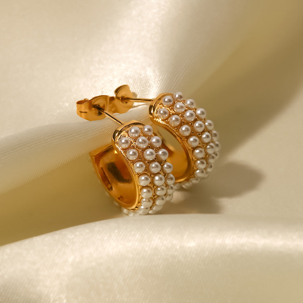 Pendientes Minimalistas Geométricos de Acero de Titanio con Chapado en Oro de 18K e Incrustaciones de Perlas Blancas para Mujer
