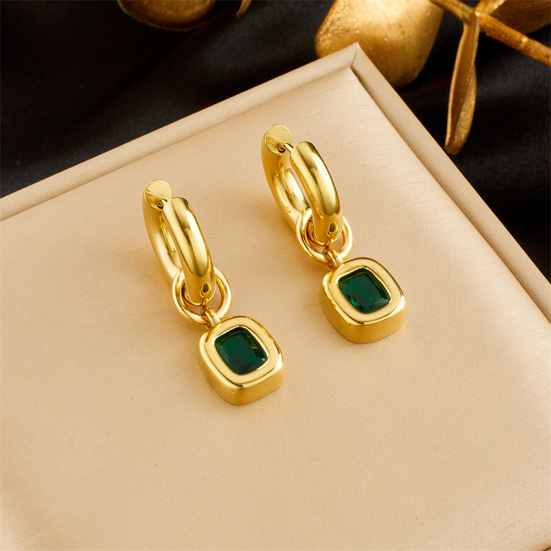 Vintage Minimalist Square and Circle Geometric Titanium Steel Earrings with Emerald Green Rhinestone Inlay