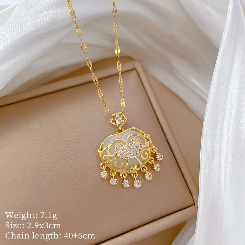Luxury Tassel Lucky Lock Pendant Necklace for Women Stainless Steel Chain with Moon Motif Geometric Design