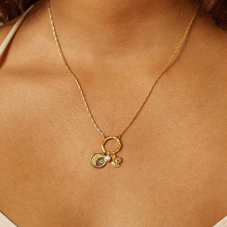 Vintage Geometric Brass Plated Gemstone Pendant Necklace with Sun Moon Evil Eye Charm Bar for Women
