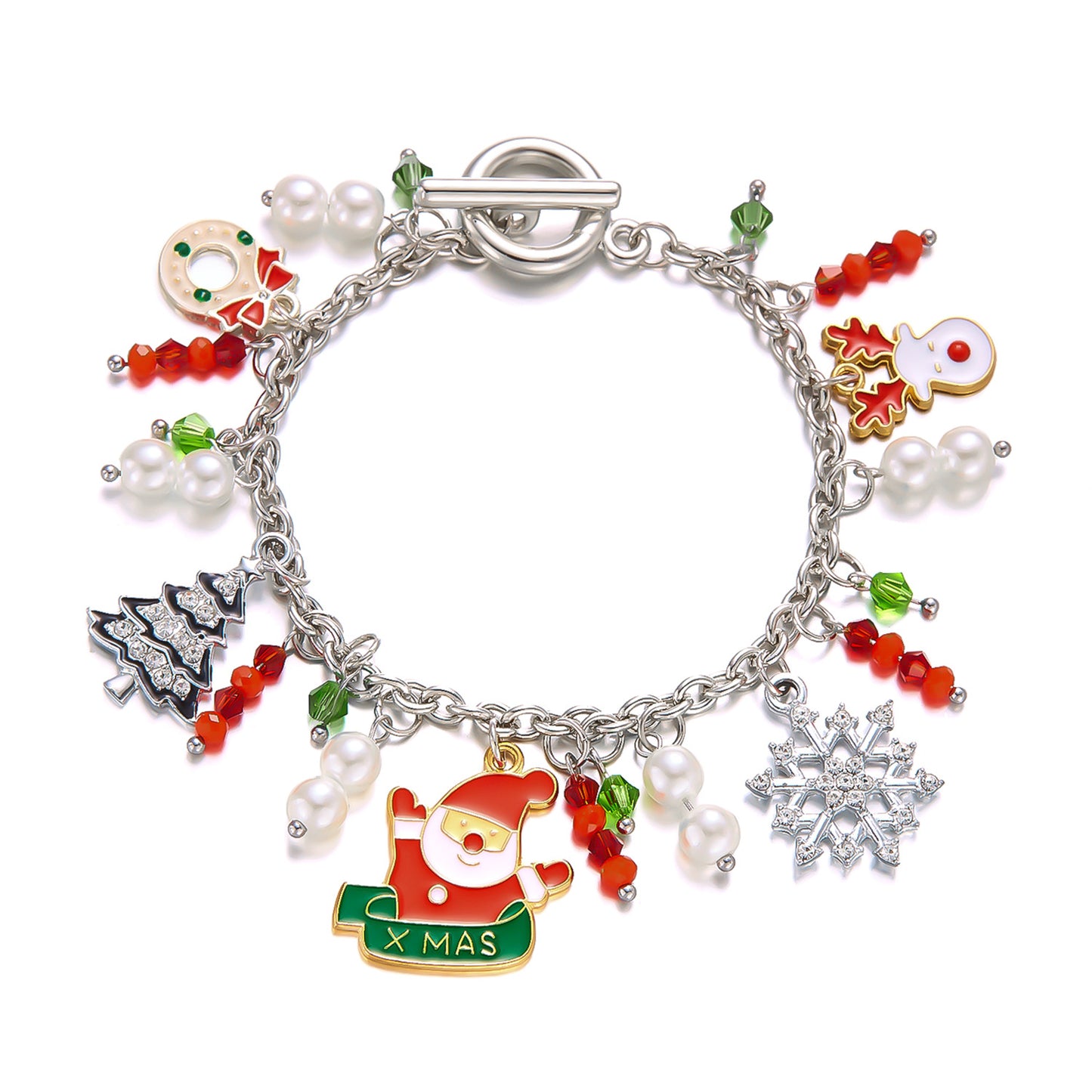Pulsera creativa con temática navideña para mujer con dijes de Papá Noel, alces y árbol de Navidad en cadena de aleación de hierro con detalles de perlas y cristales.