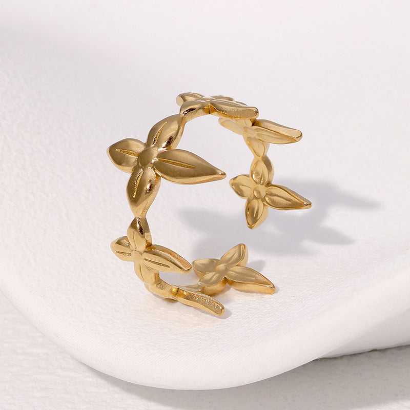 Minimalist Leaf-Shaped Adjustable Stainless Steel Ring with Plated Finish for Women