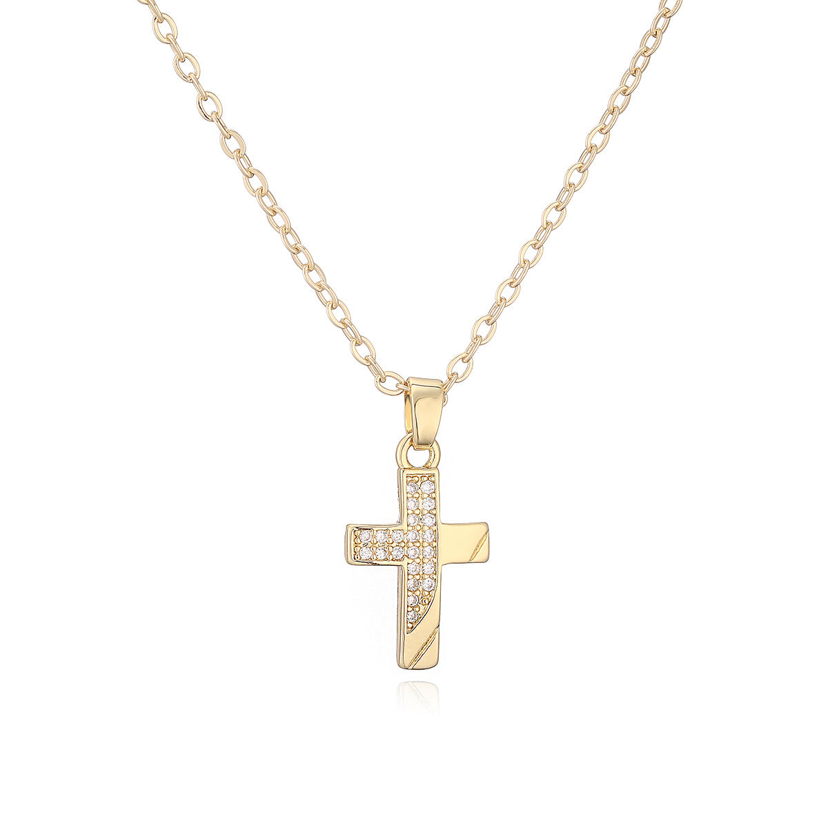 Minimalist 18K Gold Plated Brass Cross Pendant Necklace with Cubic Zirconia for Women