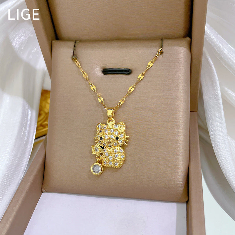 Luxury Star Cat Zircon Pendant Necklace in Titanium Steel Geometric Design for Unisex