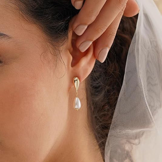 Minimalist Elegant Teardrop Round Pearl Brass Plated Earrings with 925 Sterling Silver Posts for Women