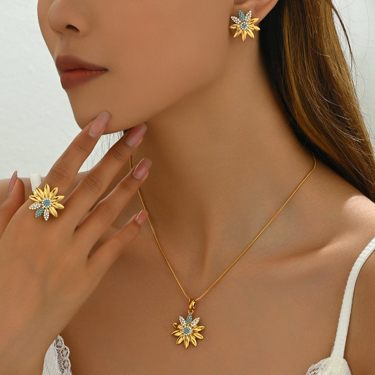 Conjunto de collar, anillo y pendientes de aleación rústico con girasol floral e incrustaciones de diamantes de imitación para mujer