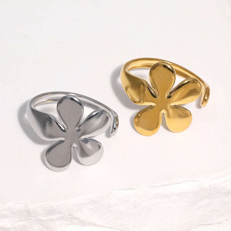 Sweet Minimalist Floral Plated Stainless Steel Adjustable Ring for Women