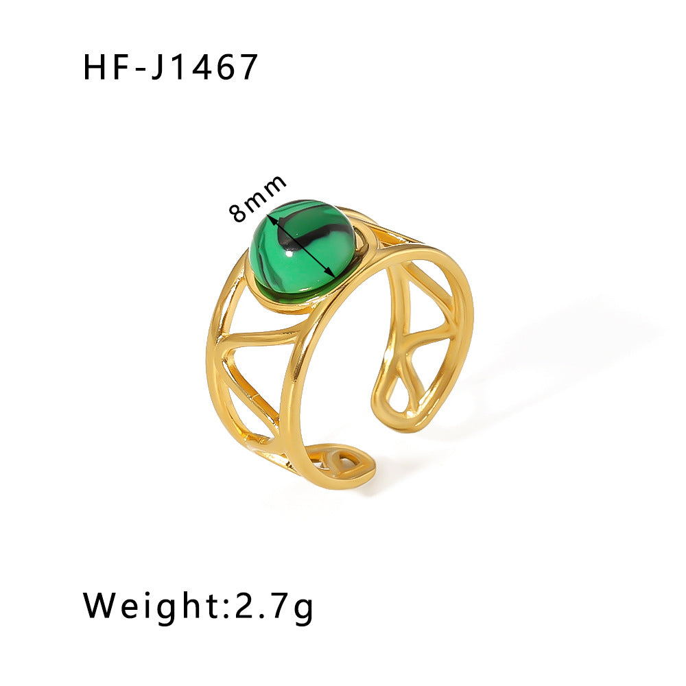 Vintage Geometric Round Emerald Green Natural Stone Stainless Steel Ring with 18K Gold Plating