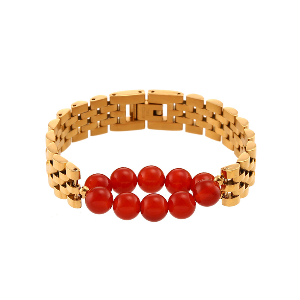 Bracciale da donna alla moda in acciaio inossidabile placcato oro 18 carati, con perline di pietra naturale e zirconi geometrici