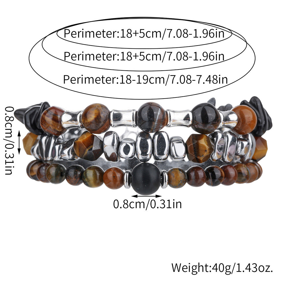 Bracciale elasticizzato con perline geometriche esagonali in ossidiana nera e occhio di tigre, da uomo e unisex, accessorio casual da lavoro e alla moda