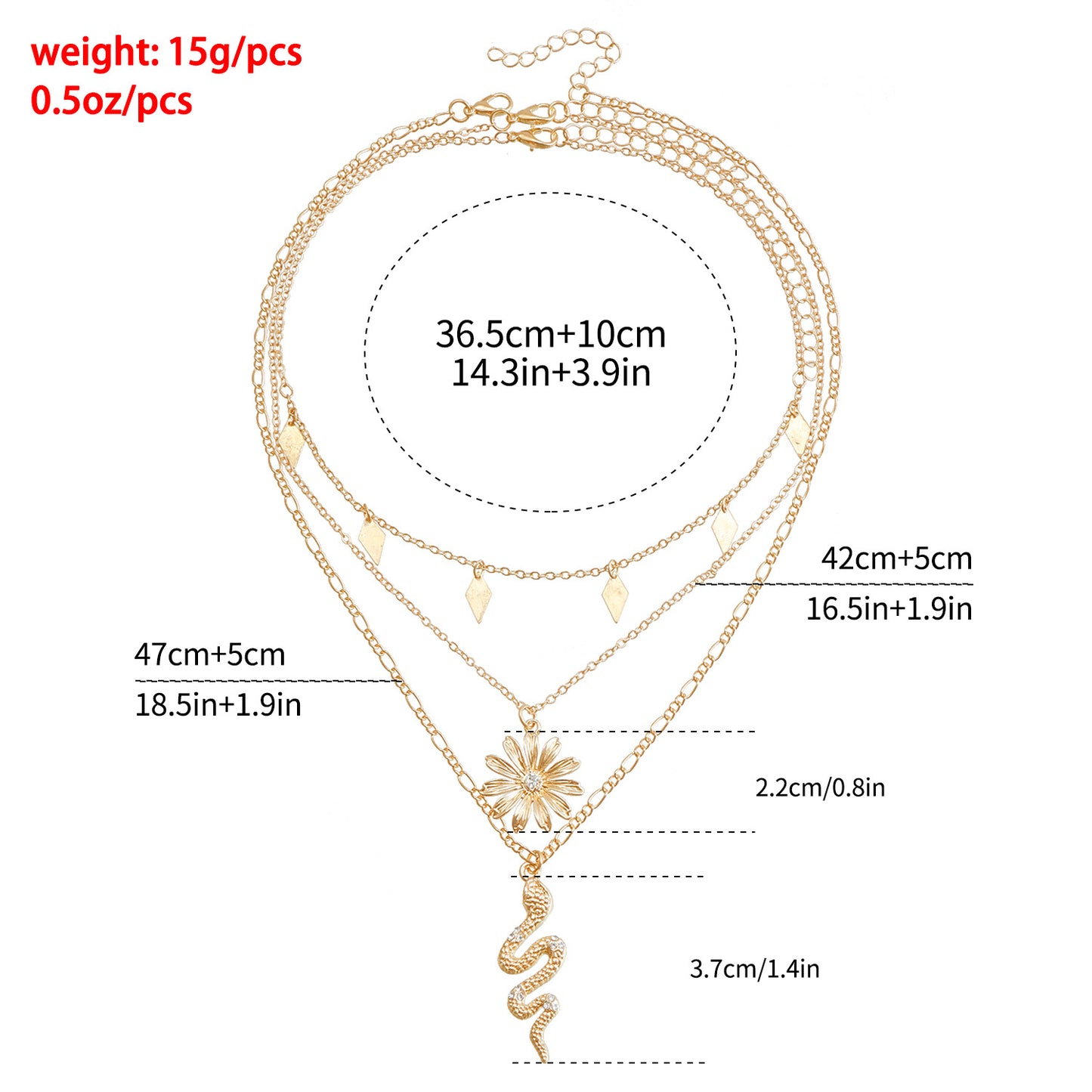 Collana girocollo con pendente a serpente, motivo a rombi e girasole bohémien, in lega con finitura placcata