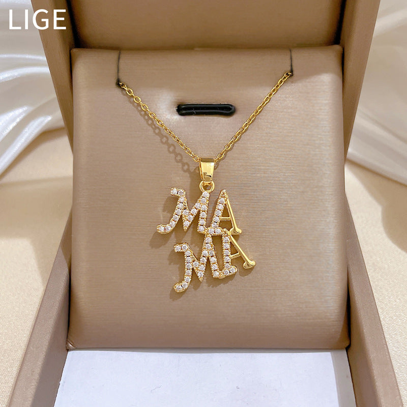 Sweet Minimalist Letter MAMA Rhinestone Inlay Titanium Steel Necklace for Unisex