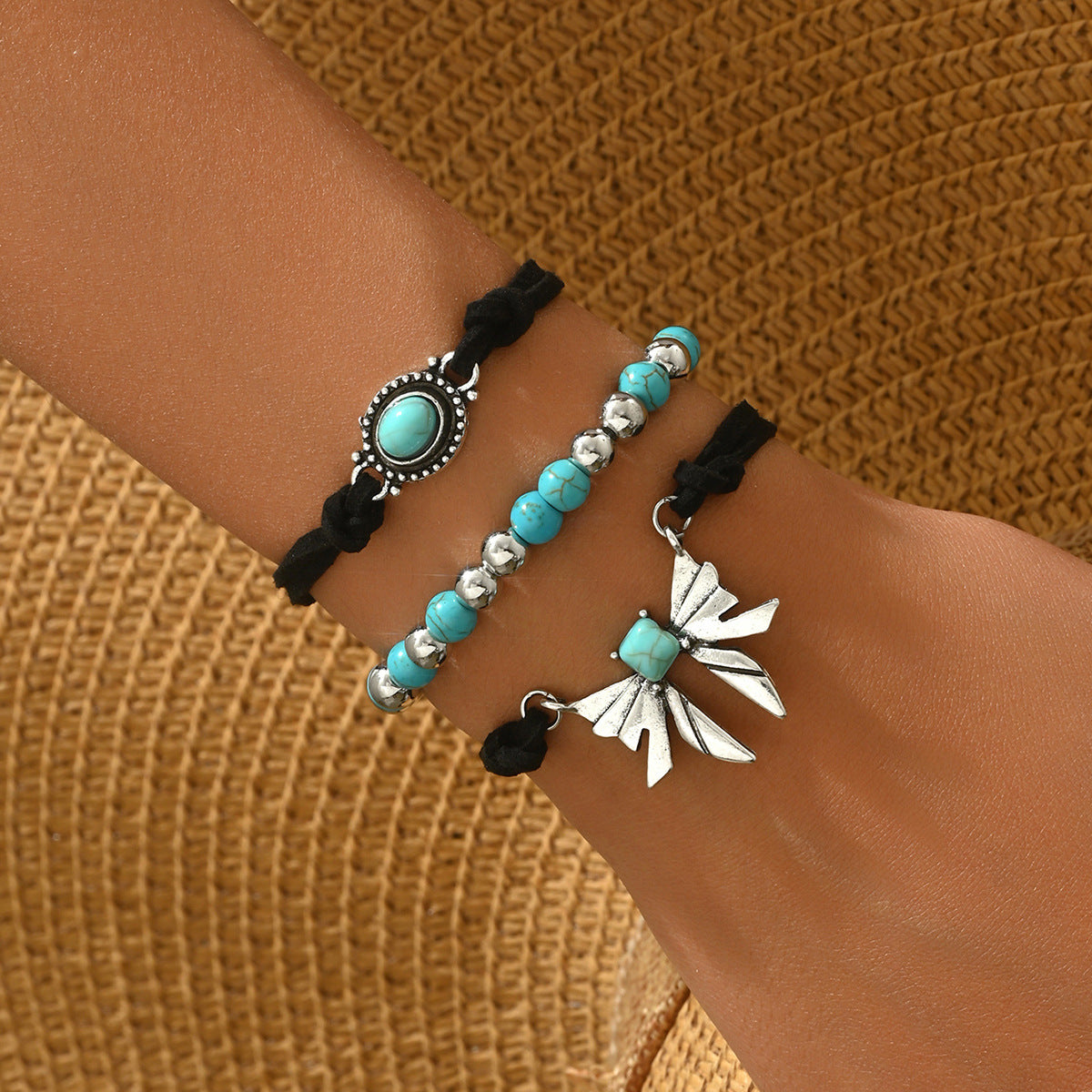 Set bracciale rigido turchese da donna con farfalla geometrica vintage in lega di zinco fatto a mano