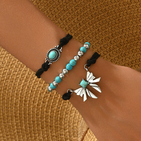 Set bracciale rigido turchese da donna con farfalla geometrica vintage in lega di zinco fatto a mano