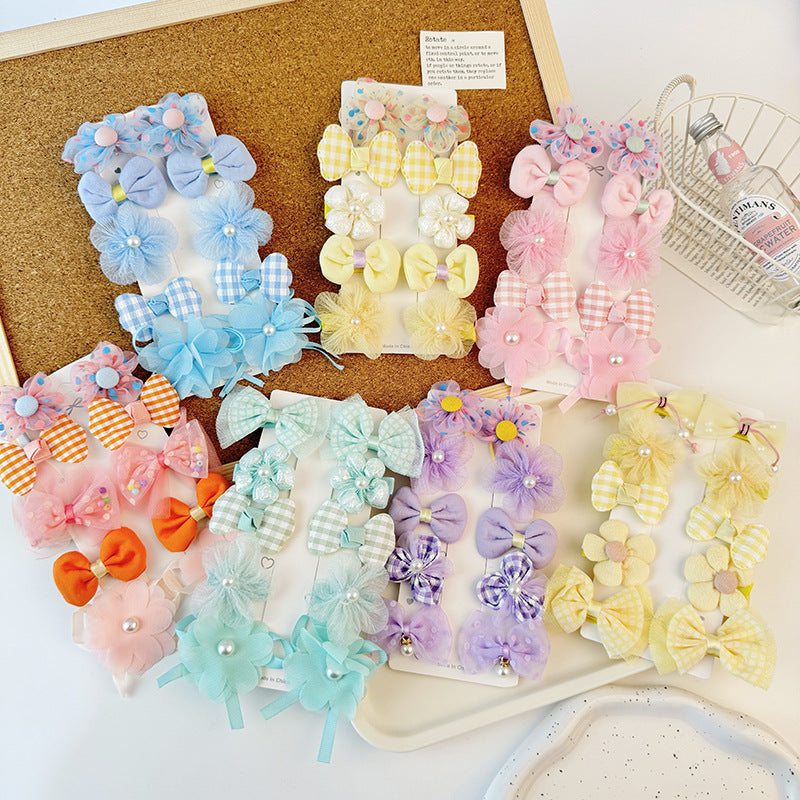 Sweet Bow-Shaped Hair Clip for Kids with Floral and Gingham Pattern Fabric Design, Tulle Netting and Macaron Color Accents