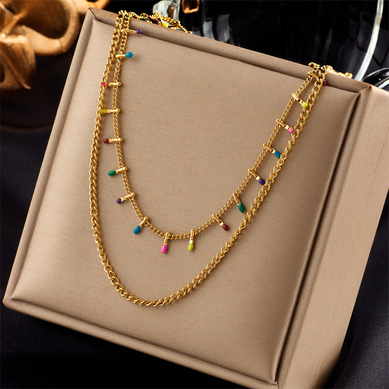 Vintage-Style Tassel Pendant Necklace with Titanium Steel Chain and Enamel Finish for Women