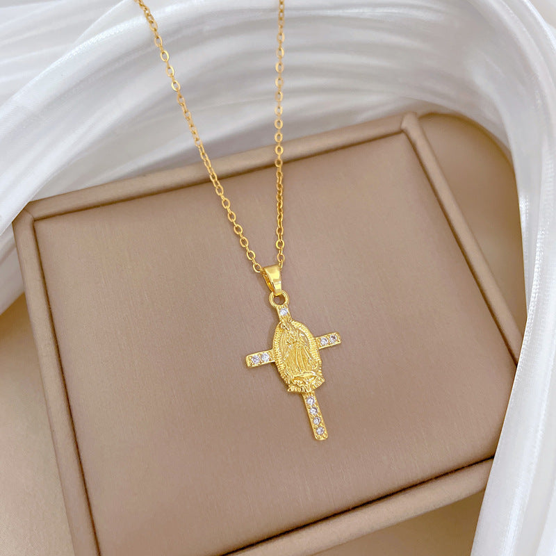 Luxury Full-Rhinestone Cross Pendant Necklace for Women and Men Titanium Steel Delicate Clavicle Chain with Geometric Design