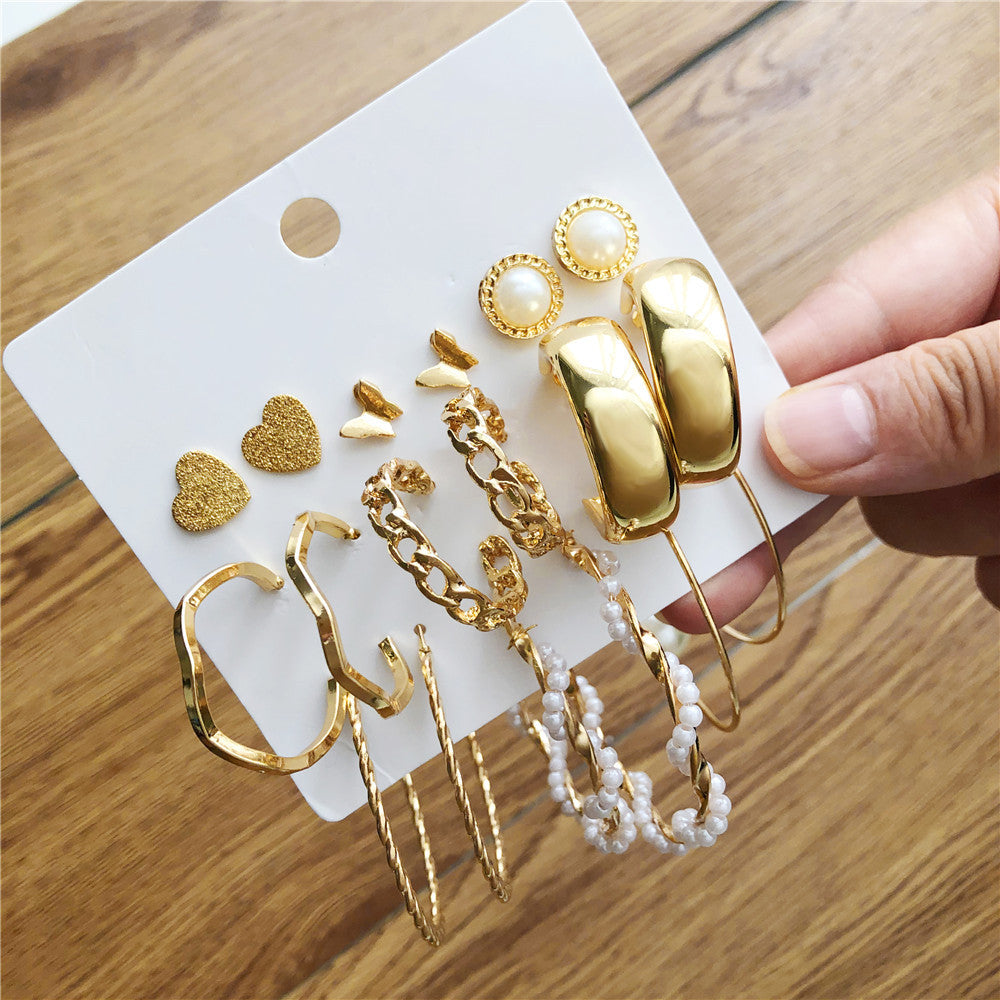 Elegant Geometric Heart Butterfly Pearl Hoop Earrings Set Alloy Plated Stainless Steel Post for Women