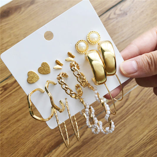 Elegant Geometric Heart Butterfly Pearl Hoop Earrings Set Alloy Plated Stainless Steel Post for Women