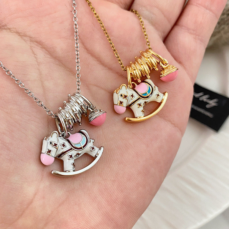 Casual Drip Oil Plated Titanium Steel Animal Carousel Necklace for Unisex
