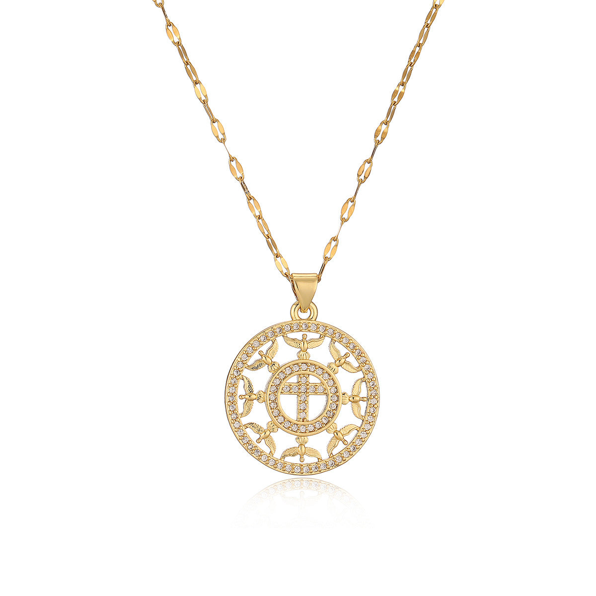 Minimalist Geometric Angel Cross Pendant Necklace for Women in Copper with 18K Gold Plating and Zircon Inlay