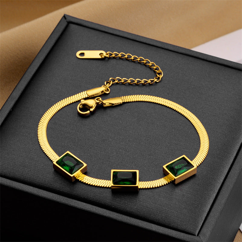 Vintage Minimalist Emerald Green Square Titanium Steel Snake Chain Bracelet and Necklace Set with Plated Finish