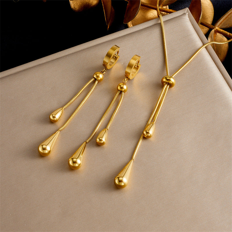 Pendientes y collar con colgante en forma de lágrima de acero inoxidable retro minimalista para mujer, con estampado de corazón y campana, joyería de moda para oficina y uso diario