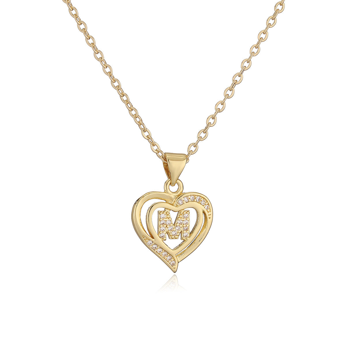 Collana con Pendente Minimalista in Rame, Placcatura in Oro 18K e Dettagli in Zircone a Forma di Cuore e Lettera per Donne