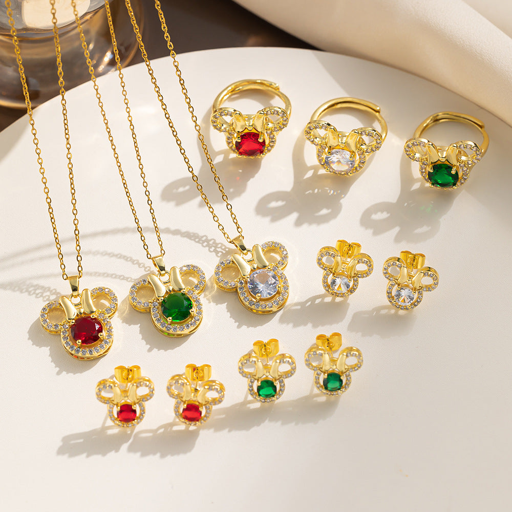 Set di collane di lusso da donna a tre pezzi con farfalla e Mickey, con catena in acciaio al titanio, intarsio di strass e catena a O