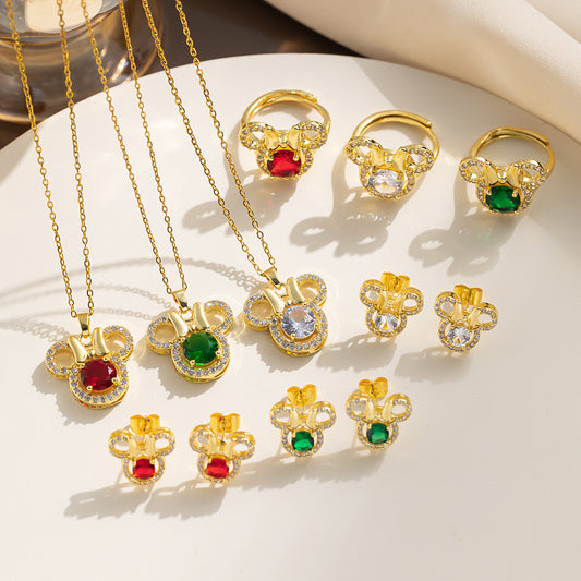Luxury Butterfly Mickey Three-Piece Necklace Set for Women with Titanium Steel Chain Rhinestone Inlay and O-Chain Style