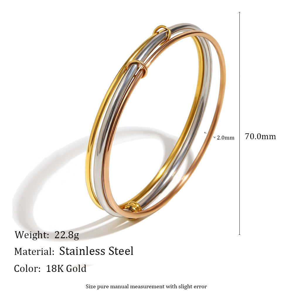 Pulsera Minimalista de Acero Inoxidable Enchapado en Oro de 18K con Tres Anillos de Colores Mezclados para Mujer