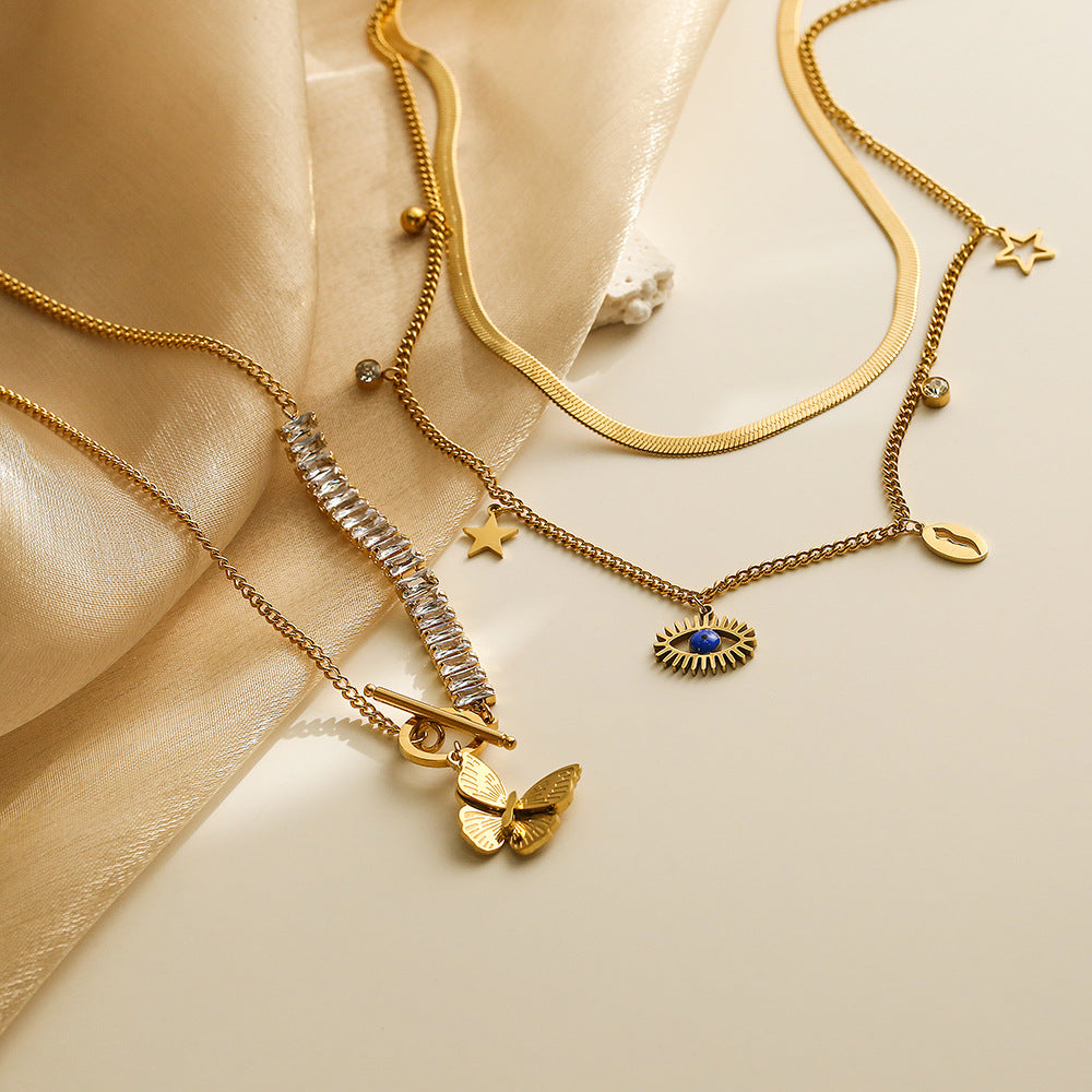 Collana Minimalista da Donna a Doppio Strato con Ciondolo Occhio di Allah, Catena in Acciaio al Titanio e Ciondolo a Farfalla