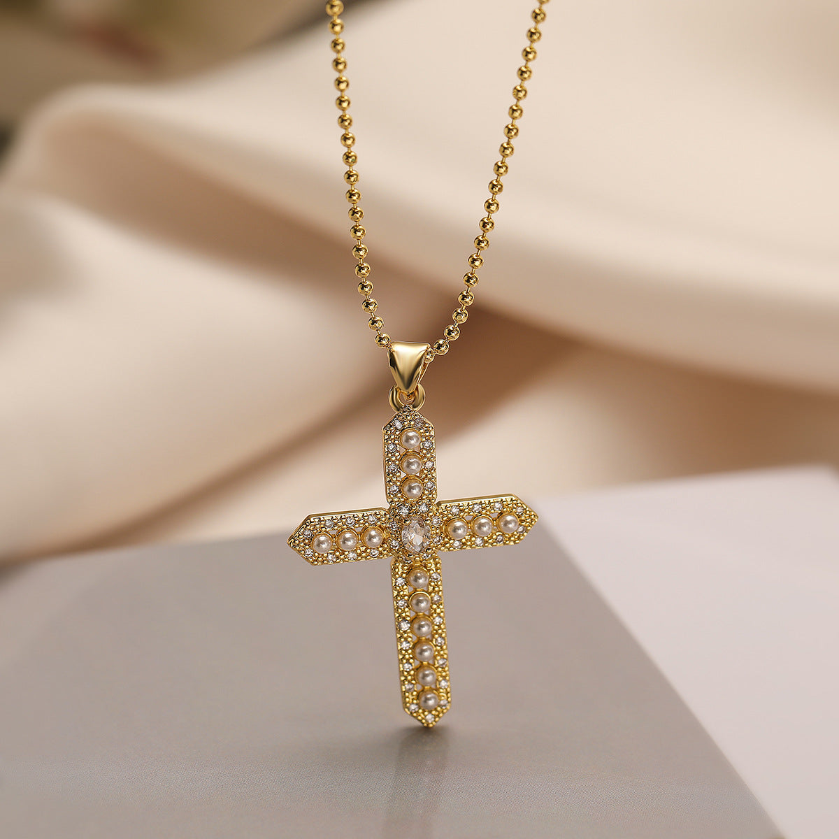 Minimalist Cross Pendant Necklace for Women Made of Copper with Real Gold Plating and Zircon and Pearl Accents