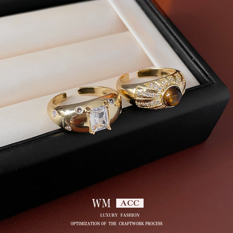 Vintage Geometric Open-Finger Ring for Women with Cubic Zirconia Inlay and Copper Band, Luxury-Style Hand Jewelry