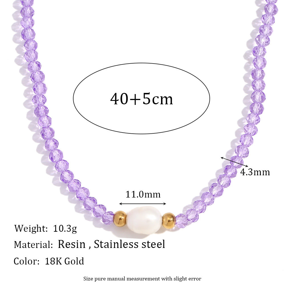 Collana con Pendente Geometrico Minimalista in Acciaio Inossidabile con Perla d'Acqua Dolce e Perle di Cristallo Viola da Donna
