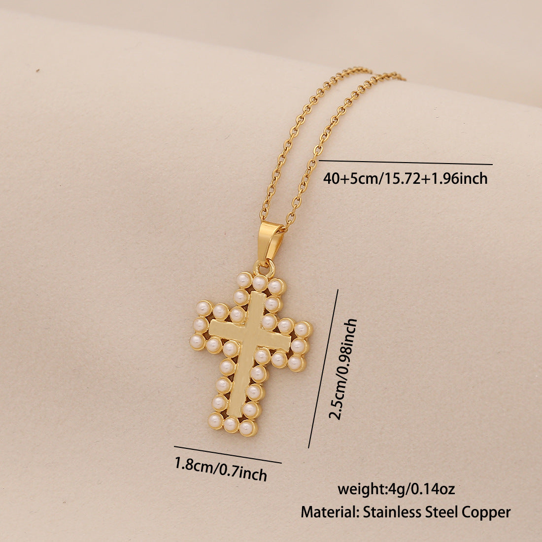Collana personalizzata con croce in acciaio inossidabile, ciondolo in rame e perla finta