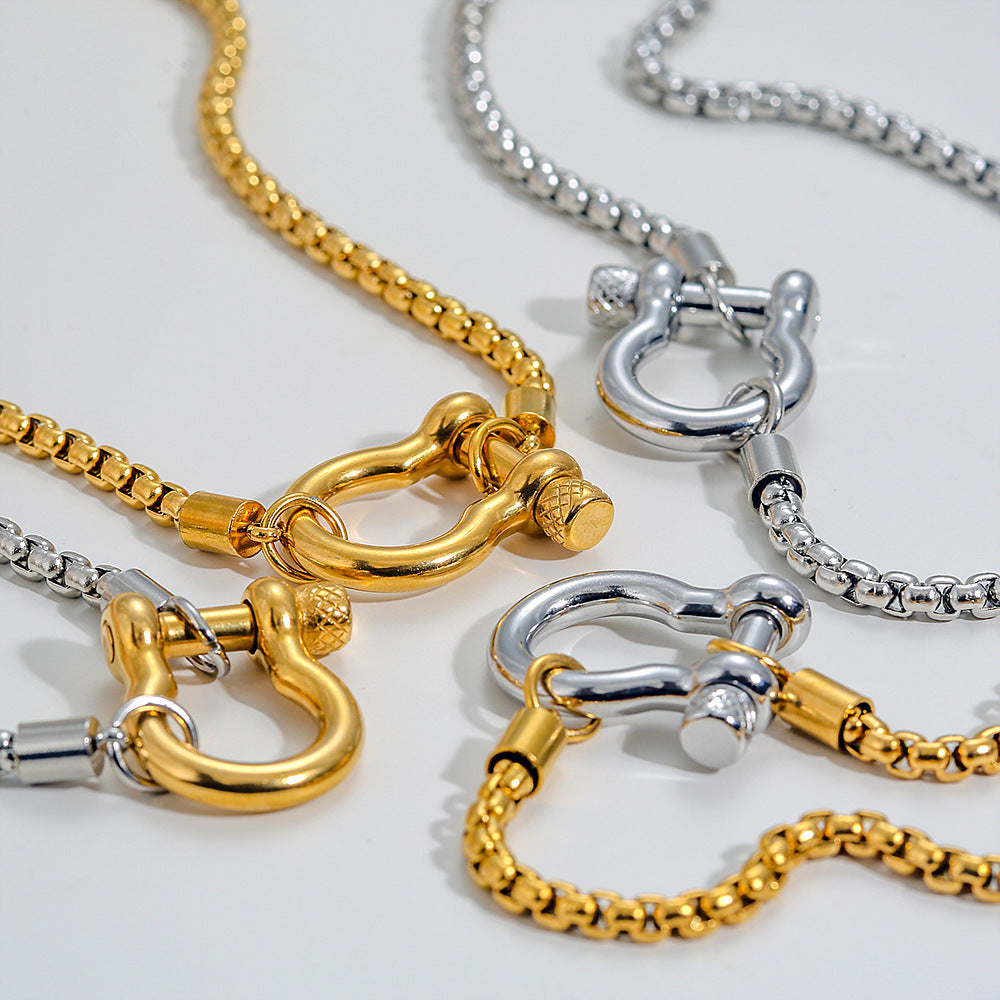 Minimalist Geometric Carabiner Necklace in Stainless Steel with 18K Gold Plating on Pearl Chain for Women