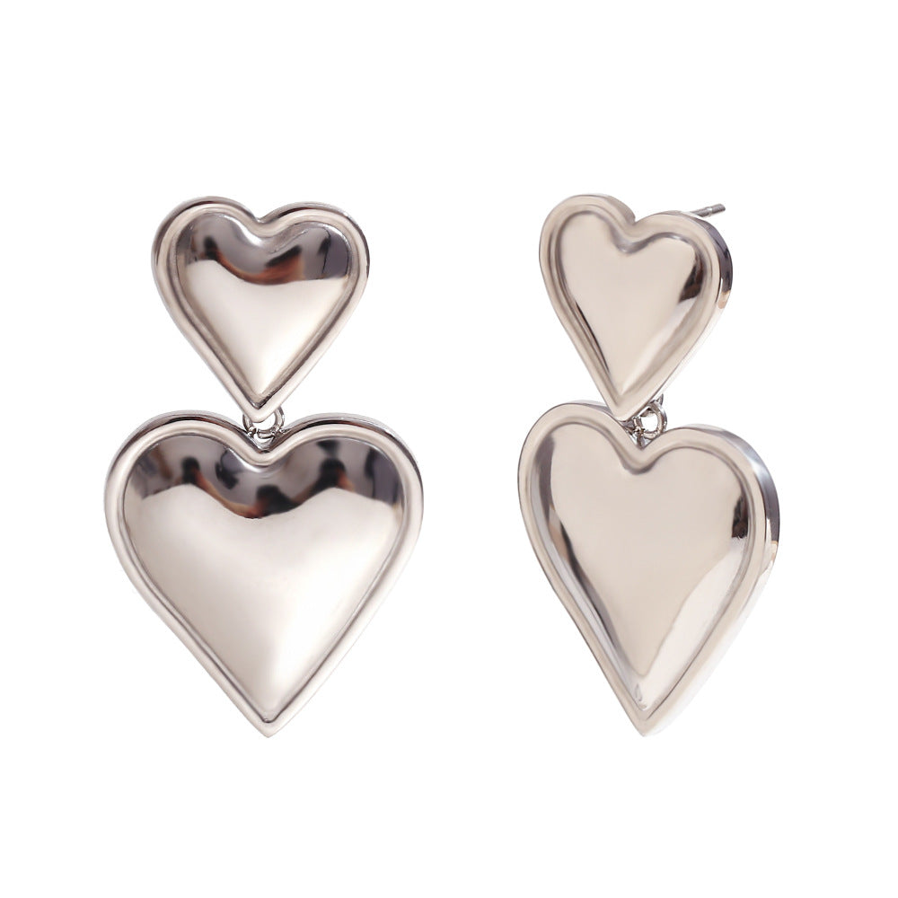 Aretes de acero inoxidable con forma de corazón de dos niveles, chapados en oro de 18 quilates, a la moda para mujer