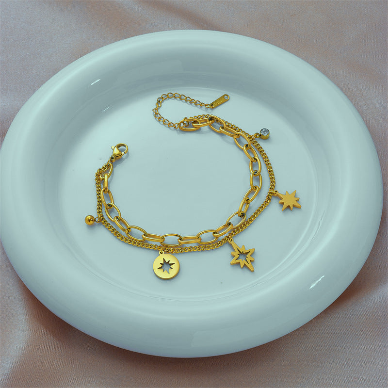 Bracciale da donna in acciaio al titanio a doppio strato con esagramma cavo in stile vintage e strass