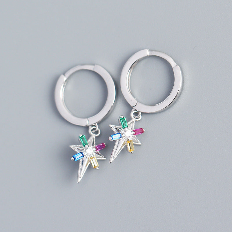 Minimalist 925 Sterling Silver Star Inlaid Rhinestone Hoop Earrings