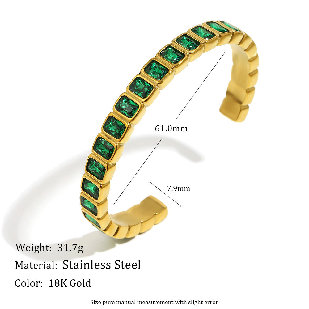 Minimalist Geometric Stainless Steel Bracelet with 18K Gold Plating and Full Zirconia Inlay for Women