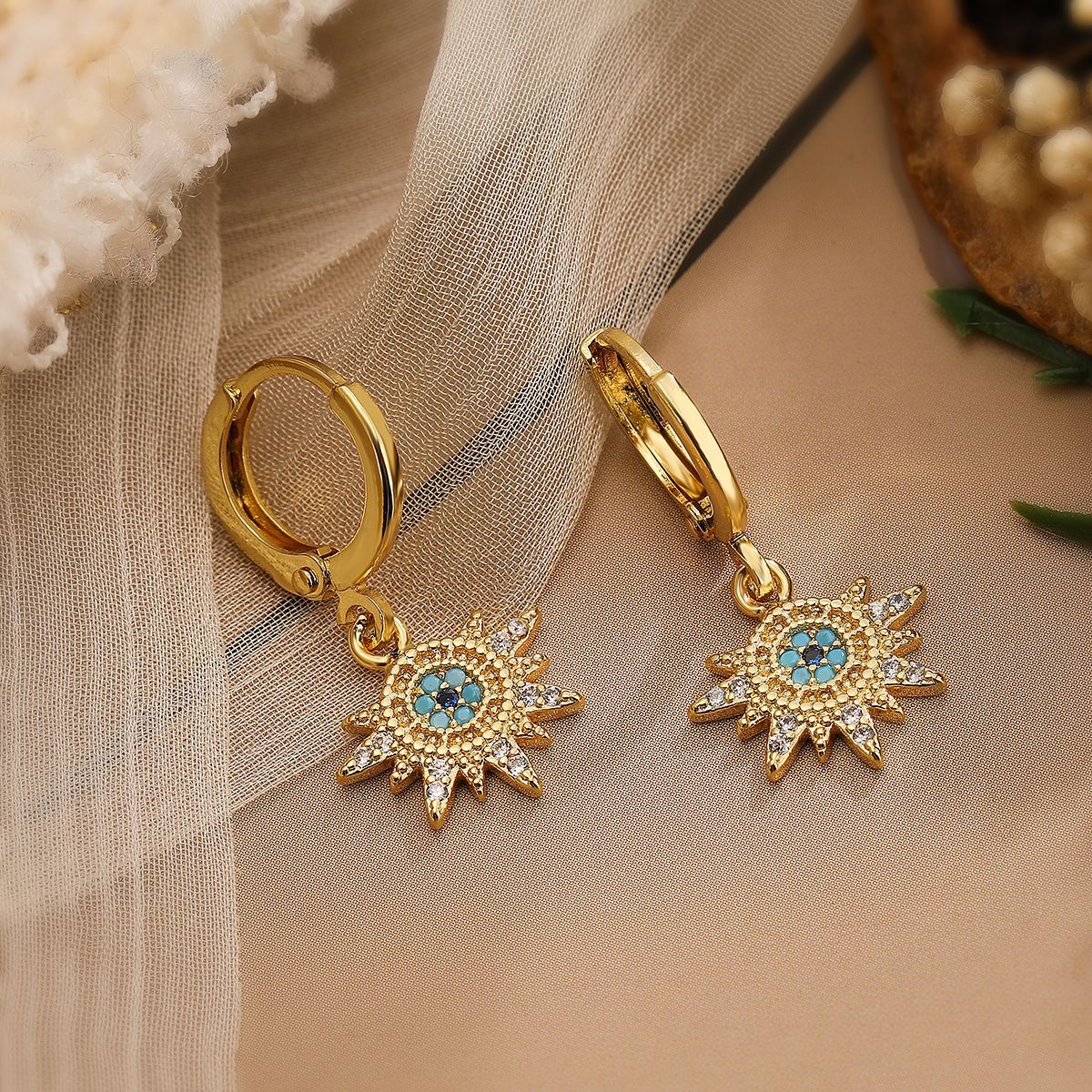 Minimalist 18K Gold Plated Copper Zircon Evil Eye Geometric Pendant Necklace and Earring Set for Women