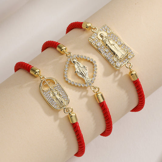 Vintage 18K Gold Plated Brass Geometric Cubic Zirconia Inlay Pendant Red Cord Bracelet for Women